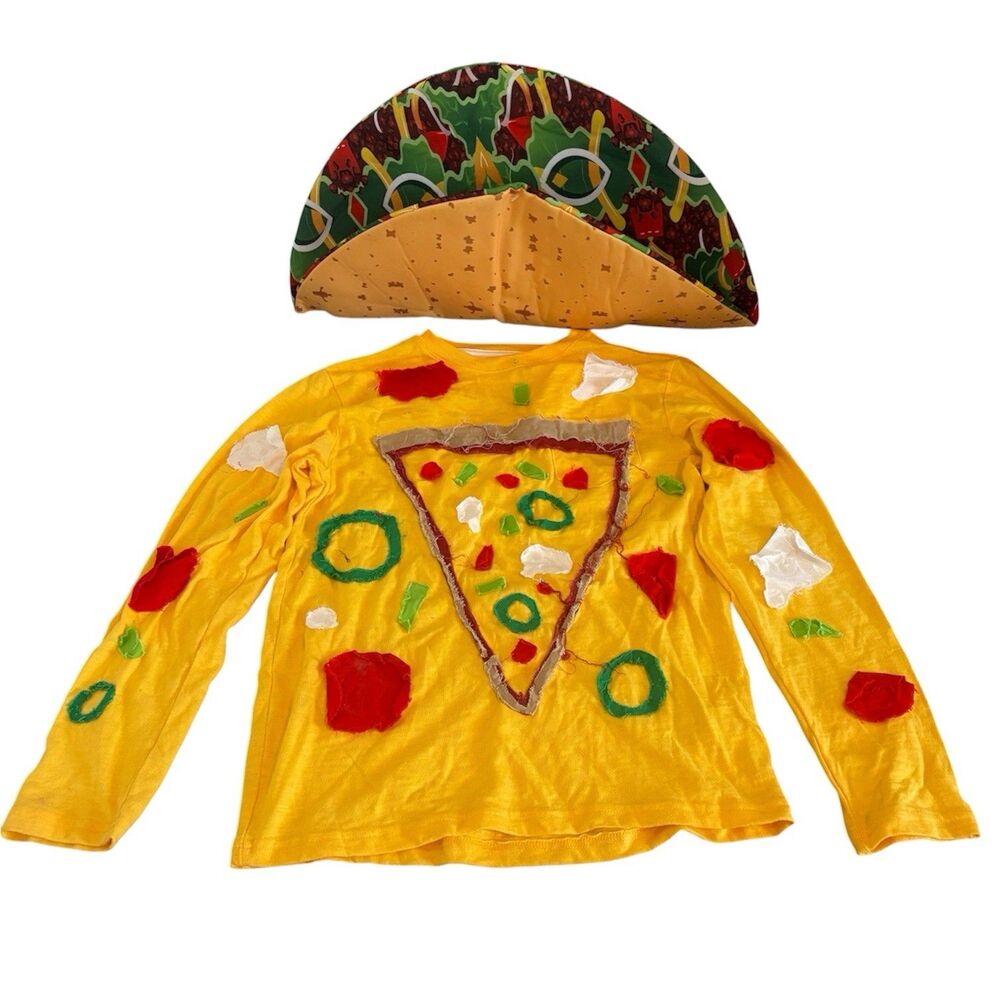 Homemade Kids L (10-12)Yellow Shirt Pizza &Top Taco Hat Food Theme Combo Costume